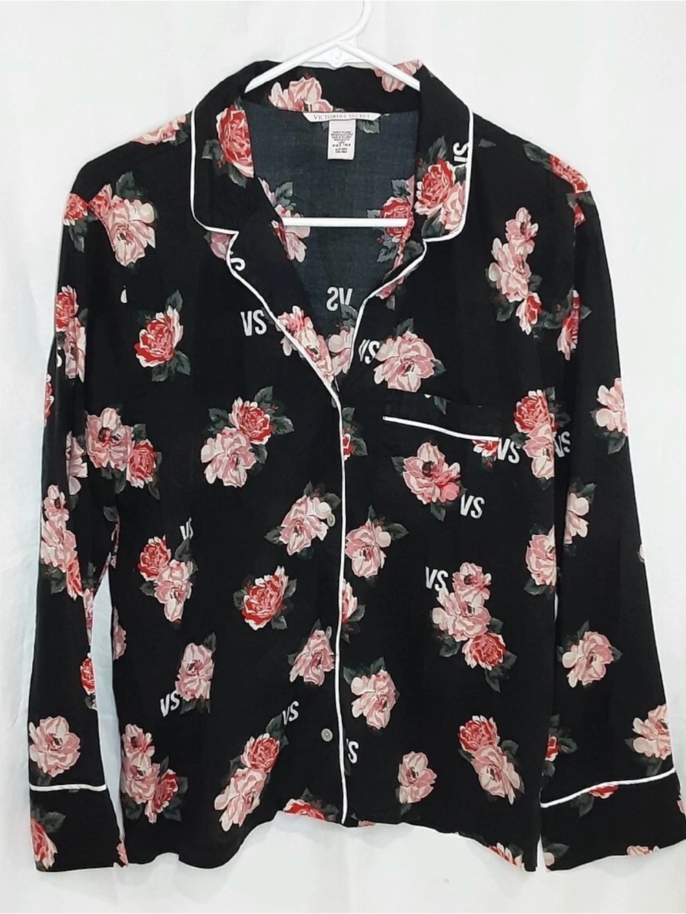 Victoria's Secret Black Floral Button-Front Pajama set with Pink Roses